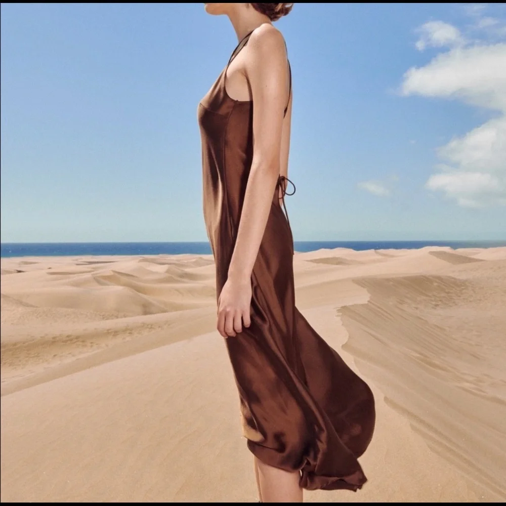 BROWN SILK MIDI DRESS - Picture 2 of 6